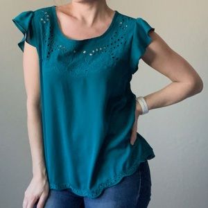 Xhilaration Teal Laser Cutout Ruffle Sleeve